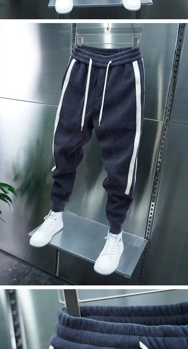 Fashion 2024 Autumn Winter New Black Jogger Men's Corduroy Pants Korean Elastic Waist Casual Pants Jogging Striped Harem Pants