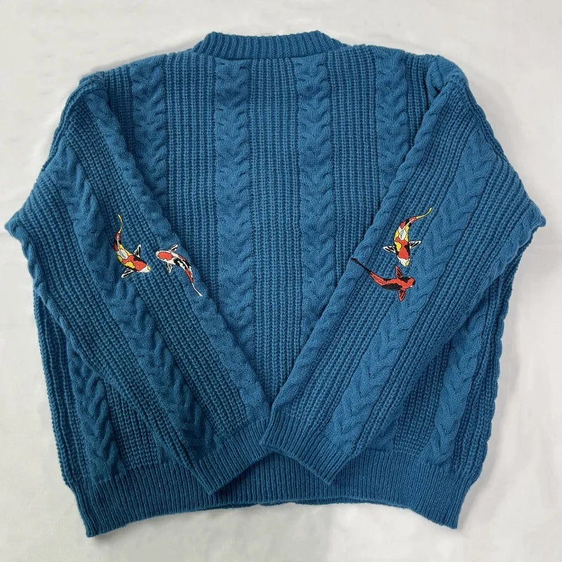 Koi Fish Women Cardigan Fashion Autumn Winter Turquoise Knitted Cardigans Mujer Koi Carp Embroidery Sweater Tops Folklore Girl