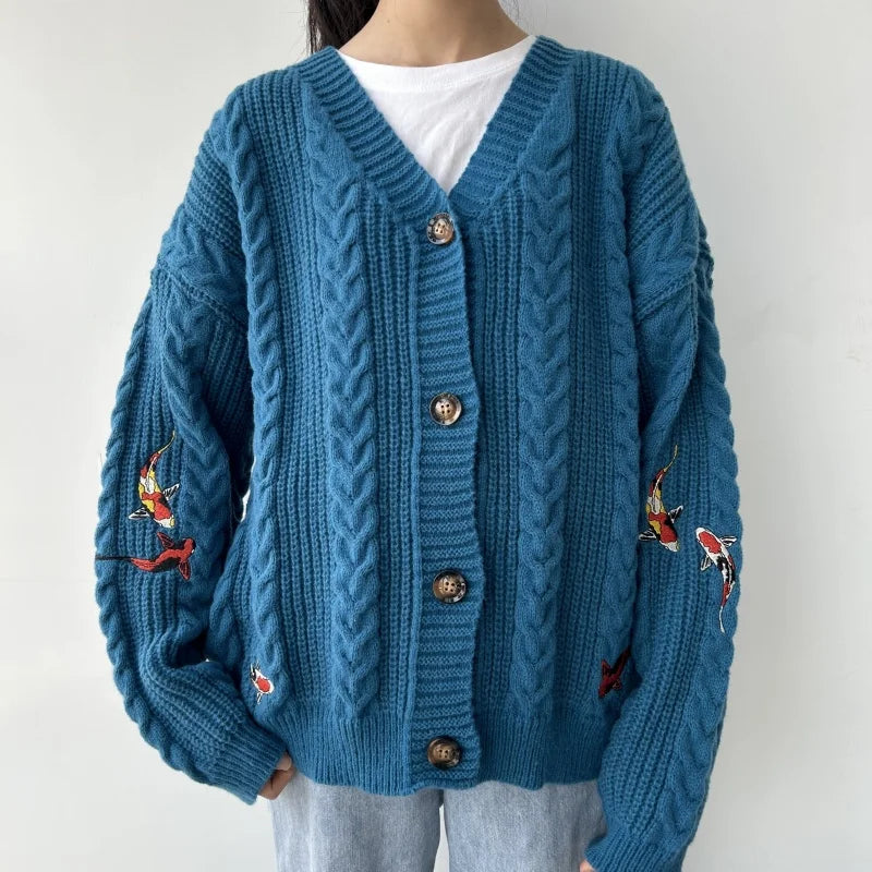 Koi Fish Women Cardigan Fashion Autumn Winter Turquoise Knitted Cardigans Mujer Koi Carp Embroidery Sweater Tops Folklore Girl