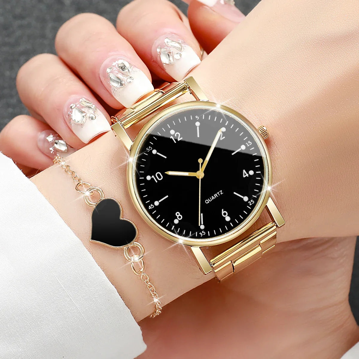 2/4PCS Fashion Arabic Dial Women Watches Heart Bracelets Set Simple Alloy Band Quartz Wristwatch Reloj Mujer（Without Box）