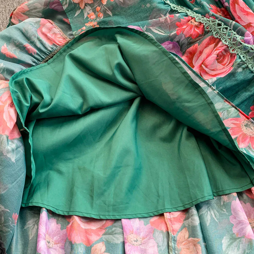 Ele Lace Splice Waist Cinching Long Dr Korean Sle Print Blouse Svel Midi Skirt High Waist A-Line Silhouette