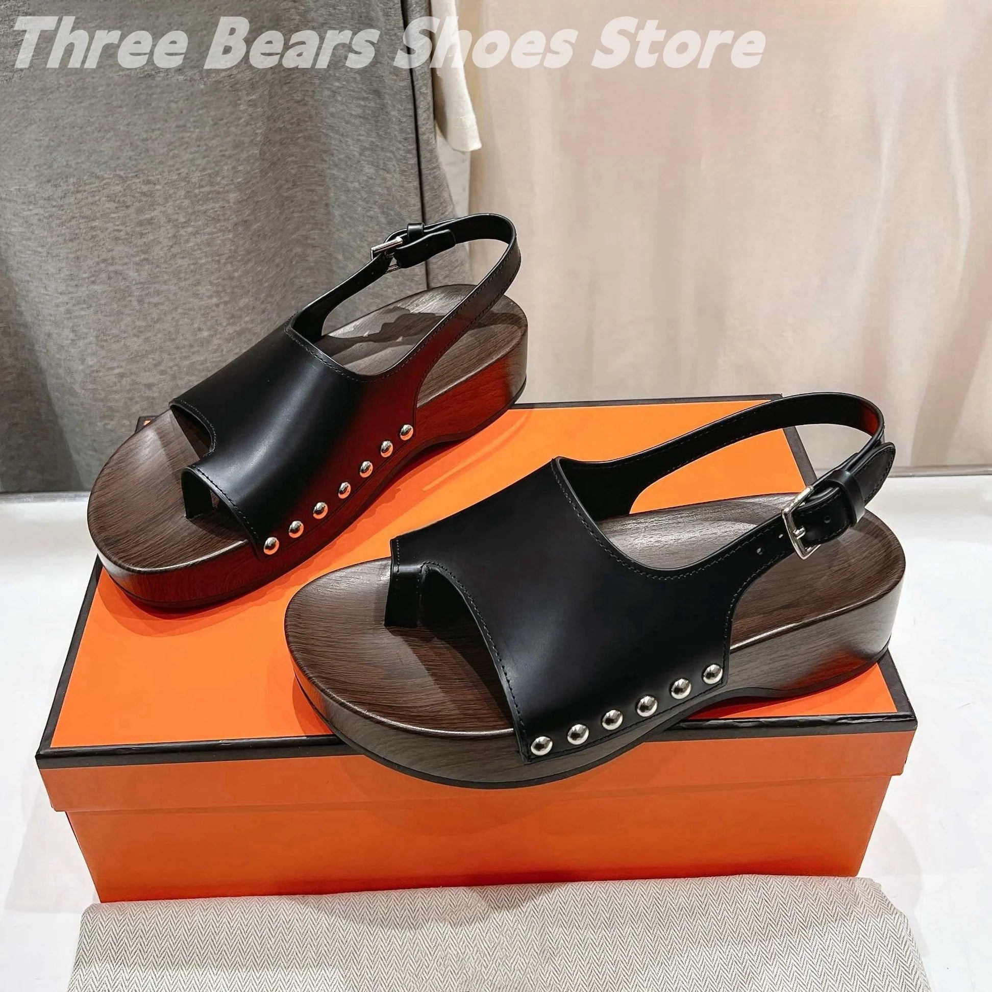 Concise Rivet Cow Leather Sewing Back Strap Flip Flops Woman Sandals Mixed Colors Open-Toes Platform Heels Zapatos Mujer 34-42