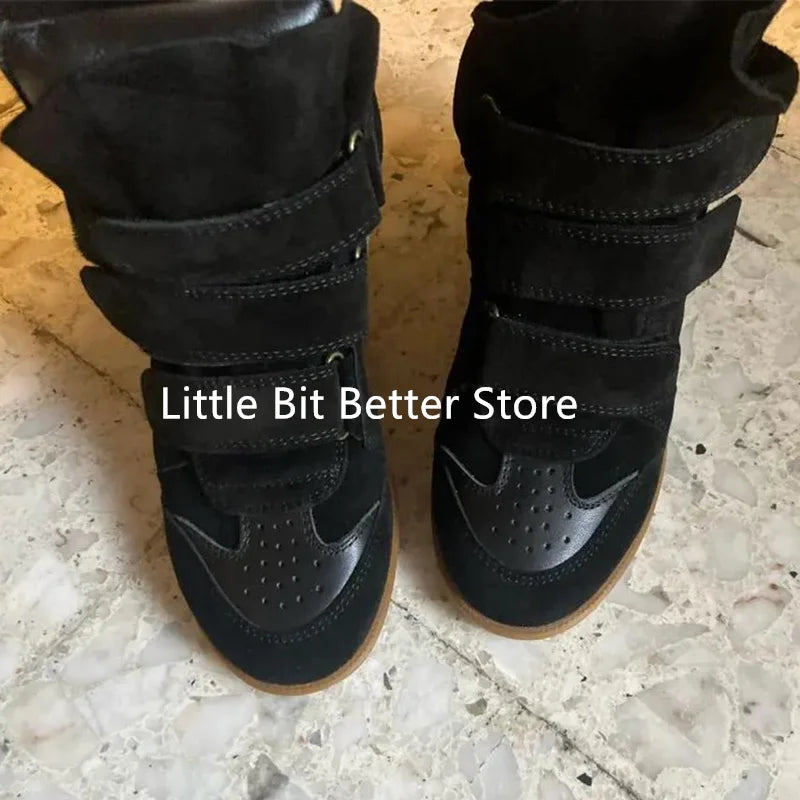 A Genuine Leather Casual Shoes Women's 2026 Summer Breathable Hollow Hidden Wedges Sneakers Hook Loop Trainers High Top