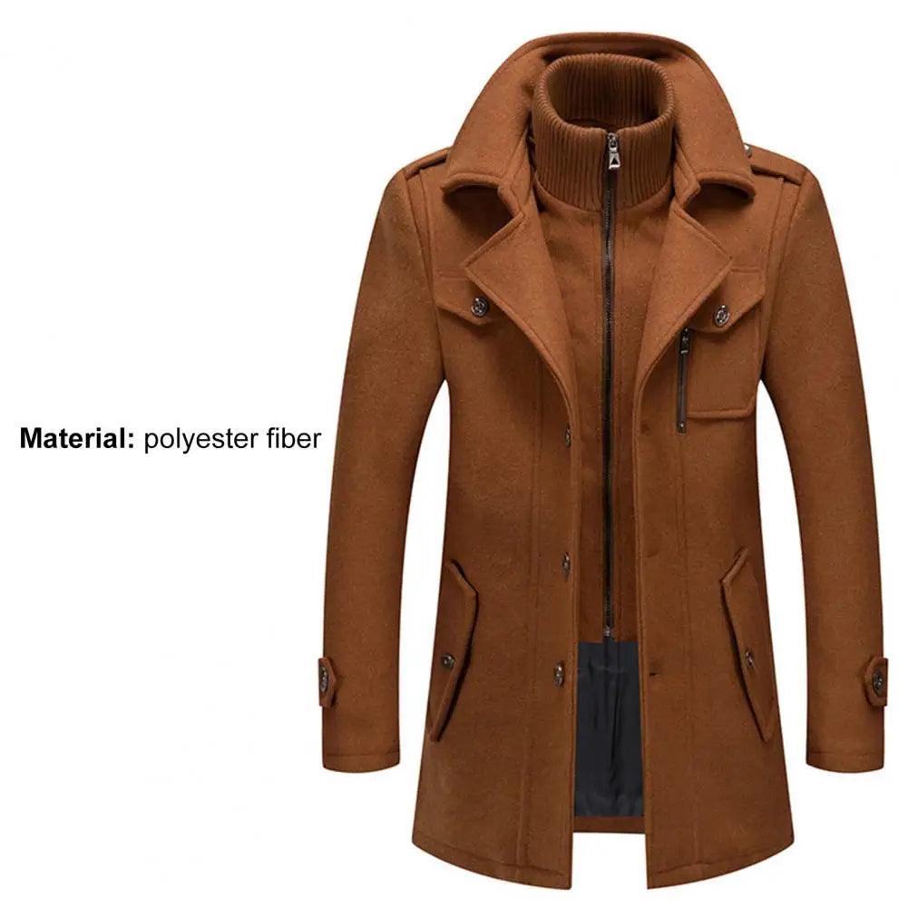 Stylish  Coat Temperament Zipper Buttons Coat Solid Color Autumn Winter Men Jacket for Business
