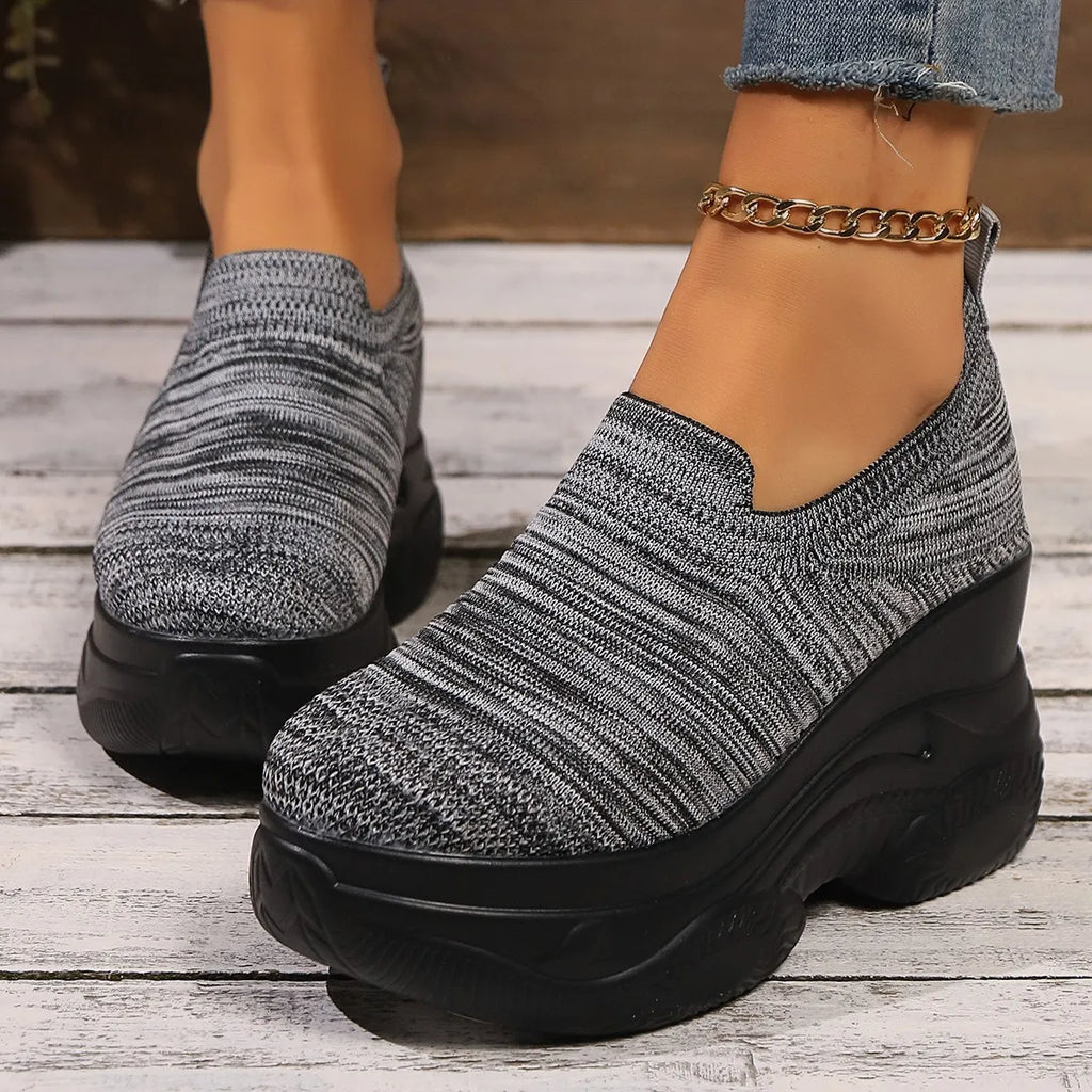 Heightening Thick Sole Fashionable Ladies Shoes 2025 Autumn New Black Mesh Breathable Casual Slip-on Women's Vulcanized Shoes
