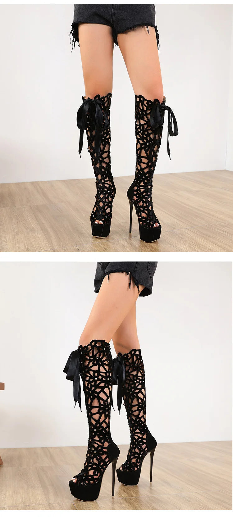 16CM Thin High Heels Sexy Nightclub Hollow Out Over The Knee Boots Women Peep Toe Lace-Up Zip Platform Shoes Sandals