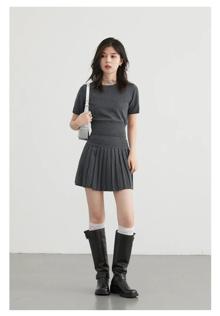 CHIC VEN Women Skirt Sets Solid Knitted Cardigan Short Sleeved Top Female Pleated Skirt Three Piece Optional Spring Autumn 2024