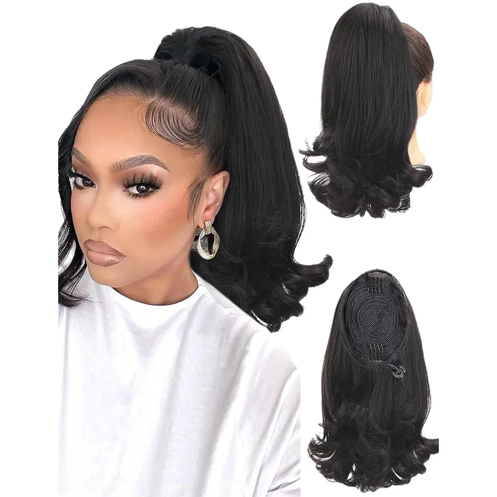 Synthetic Tail Warping 16"  Kinky Straight Hairpiece Drawstring Ponytail Hair Extension Natural Black Women Girl Daily Party Use
