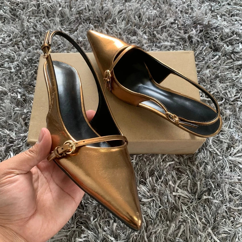 Pointed Toe Buckle Strap Ladies Sandals Gold Shallow Fashion Sexy Party Slingbacks 2025 Summer High Heeled Shoes Woman