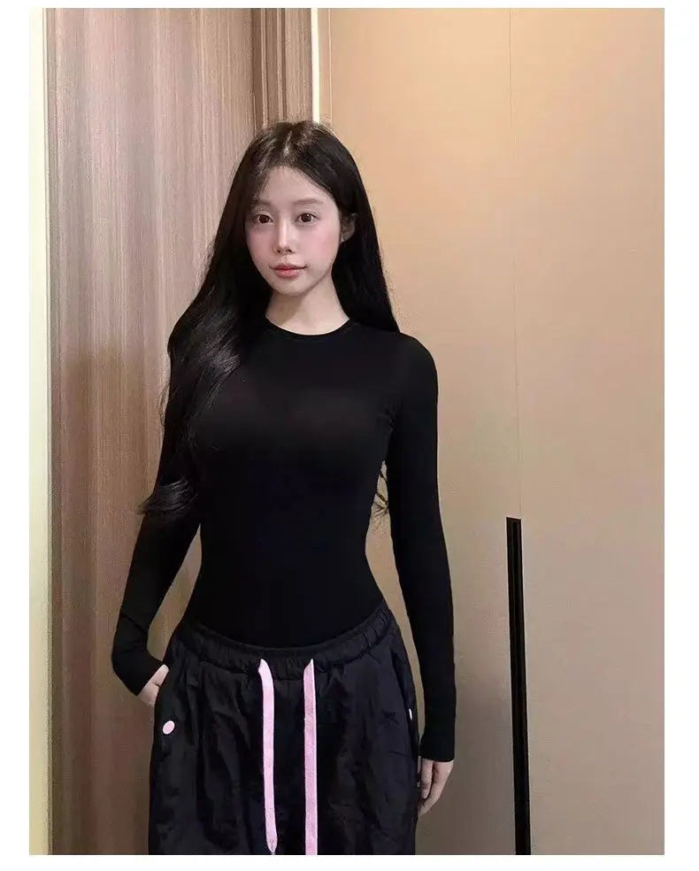 Slim Fit Inner Bottom Shirt for Women Spring and Autumn 2025 New Round Neck Sexy Yoga T-shirt Top