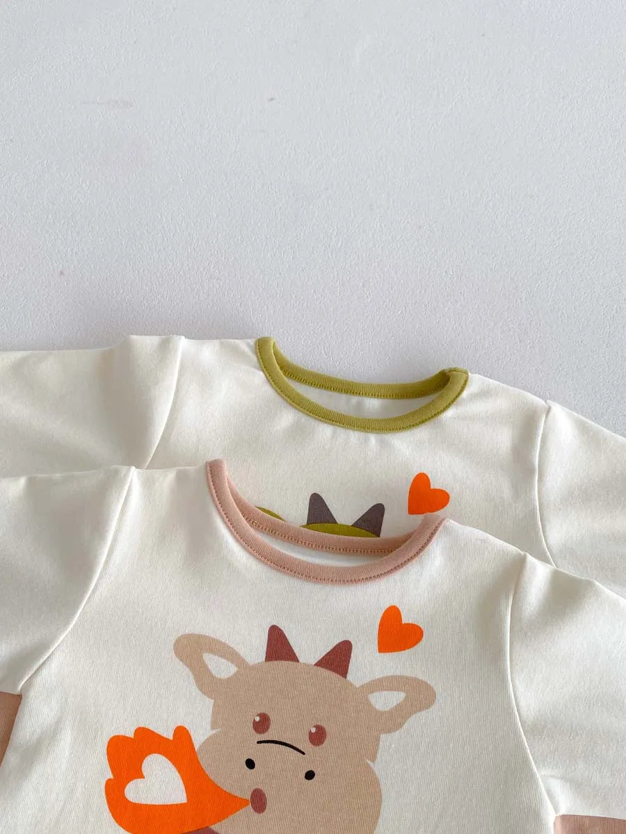 2024 Autumn New Korean Style Infant Onesie: Dragon Print Bodysuit with Hooded Design for Babies, Includes Hat