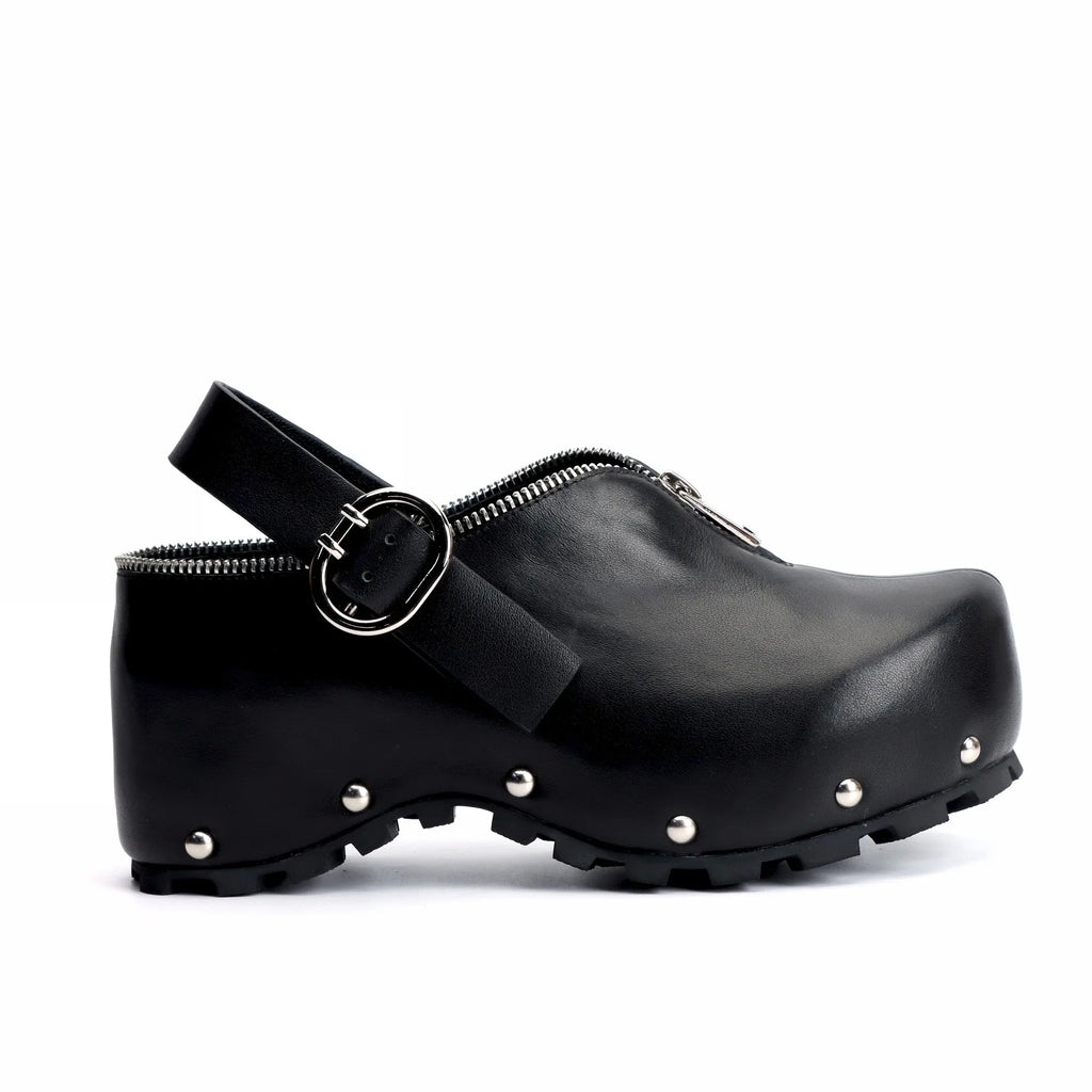Black Leather Slip-On Vintage Shoes Handmade Women's Leather Platform Clogs with Arch Support, Zipper Detail, Studded Mules