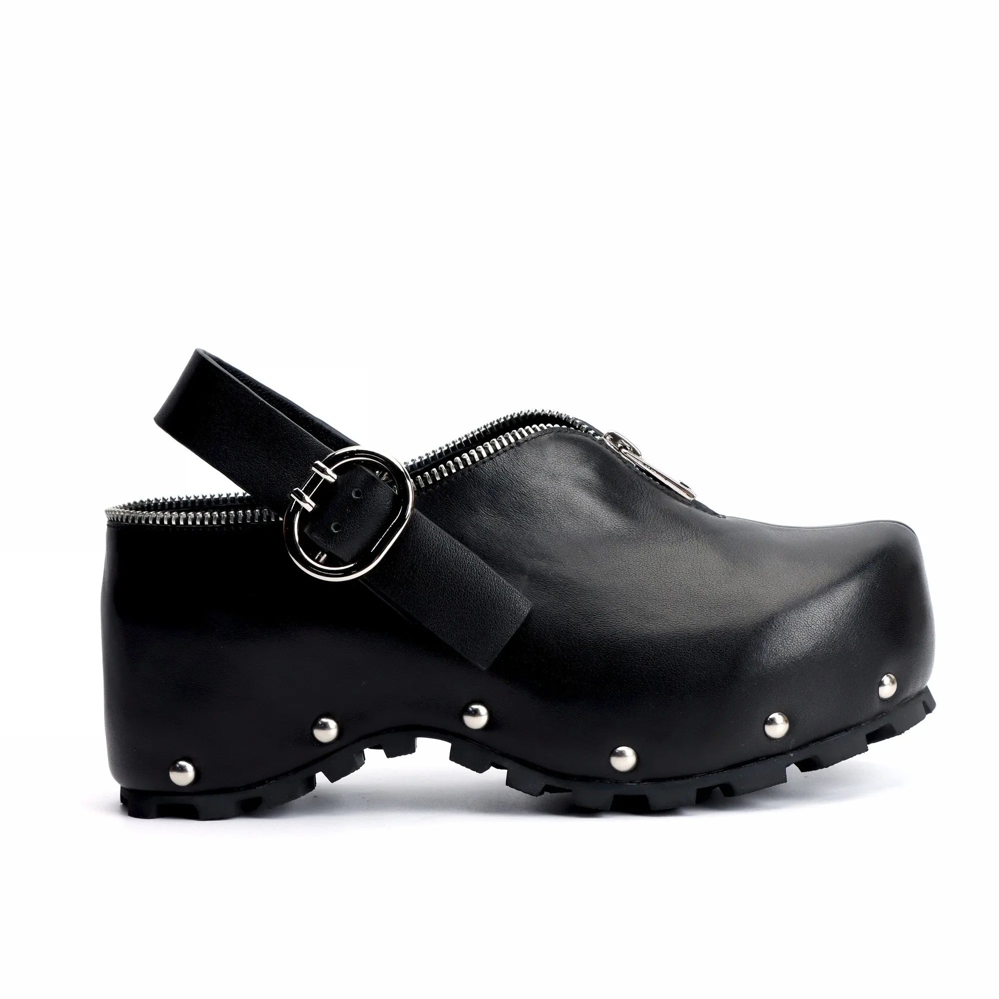 Black Leather Slip-On Vintage Shoes Handmade Women's Leather Platform Clogs with Arch Support, Zipper Detail, Studded Mules