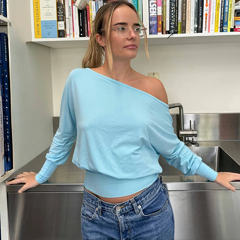 Oniflyme Inclined Shoulder Long Sleeve Crop Tops Women Fashion Streetwear Solid Off Shoulder Casual T-shirts Female Sexy Tee Top
