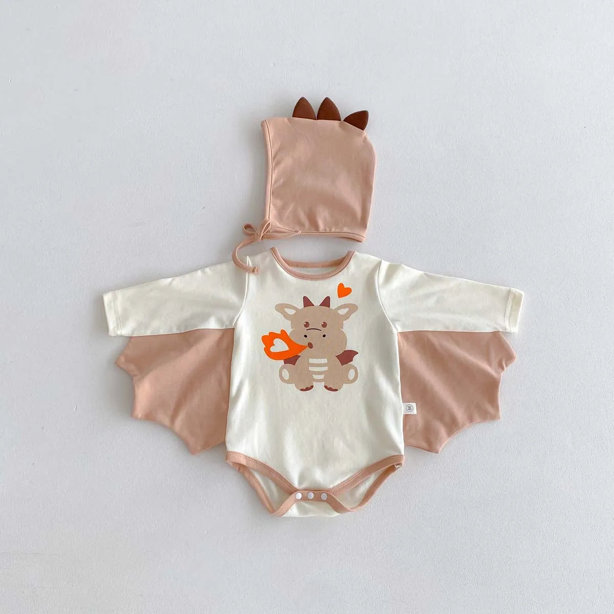 2024 Autumn New Korean Style Infant Onesie: Dragon Print Bodysuit with Hooded Design for Babies, Includes Hat