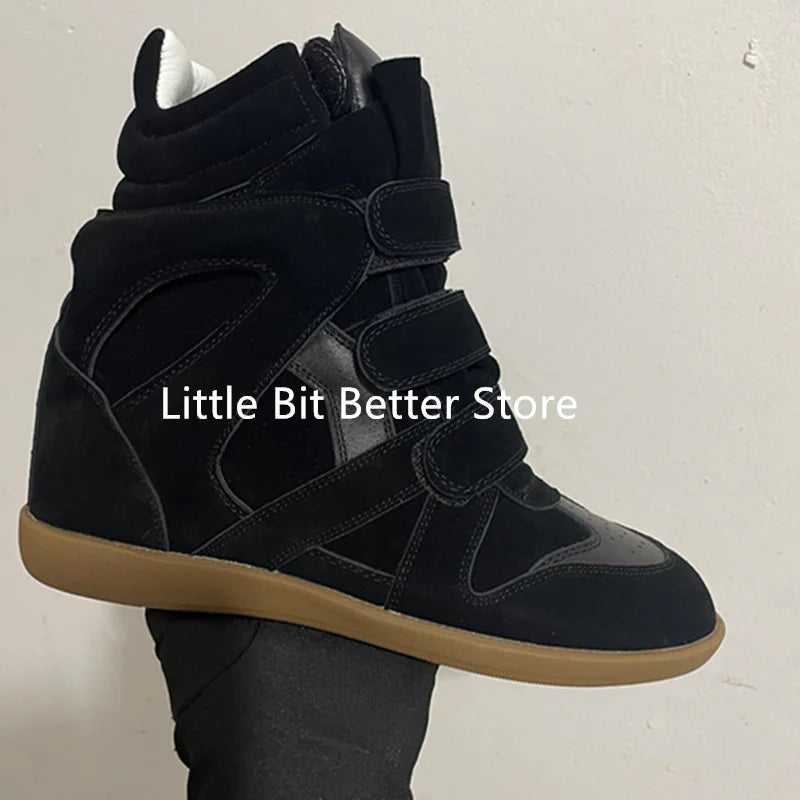 A Genuine Leather Casual Shoes Women's 2026 Summer Breathable Hollow Hidden Wedges Sneakers Hook Loop Trainers High Top