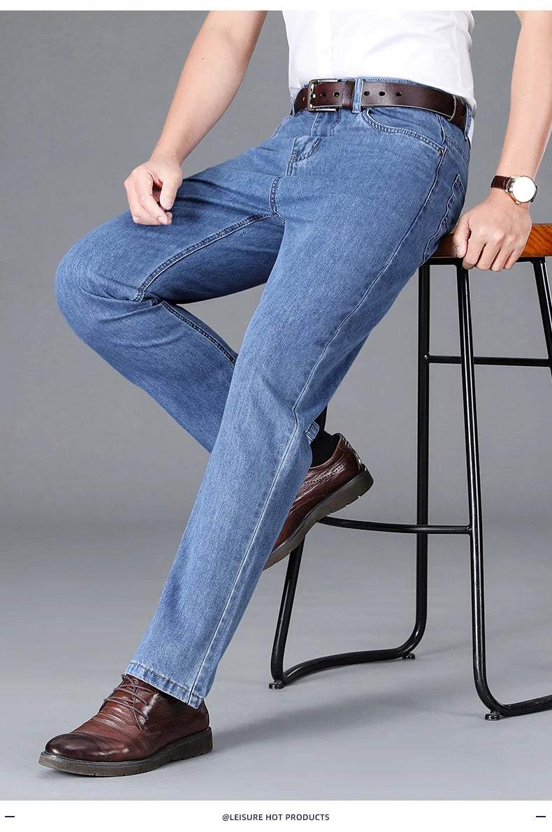 100% Cotton Men's Brand Thin Business Jeans Straight Slim Classic Male Trousers Fashion Casual Breathable Summer Denim Pants