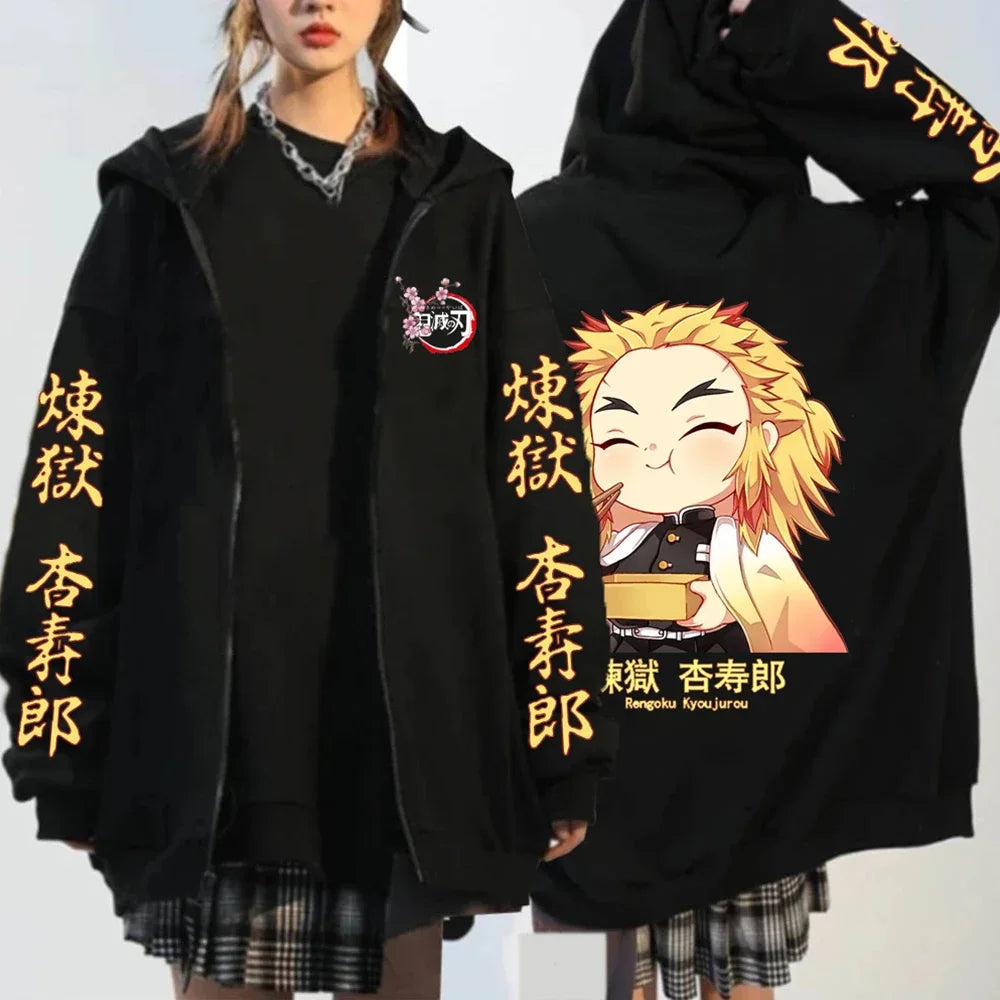 Women's Fashion Zipper Sweater Japanese Anime Hoodie Demon Slayer Pattern Printed Sweatshirt Autumn/Winter Warm Long Sleeve Coat