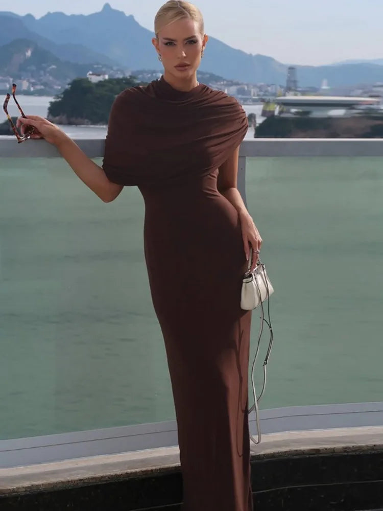 Mozision Irregular Ruched Sexy Maxi Dress For Women Elegant Autumn Inclined Shoulder Pleated Club Party Long Dresses Female