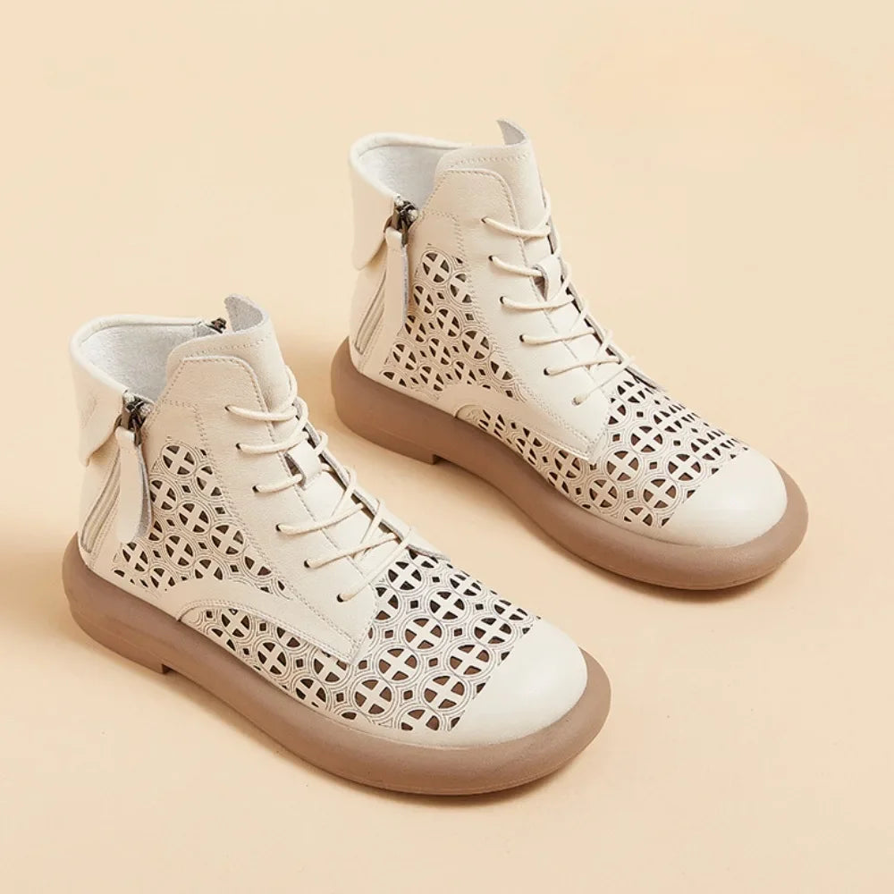 Leather Boots Woman 2025 Retro Leather Hollow Boots for Women Platform-soled Double-side Zipper Casual Short Boots Women's Shoes