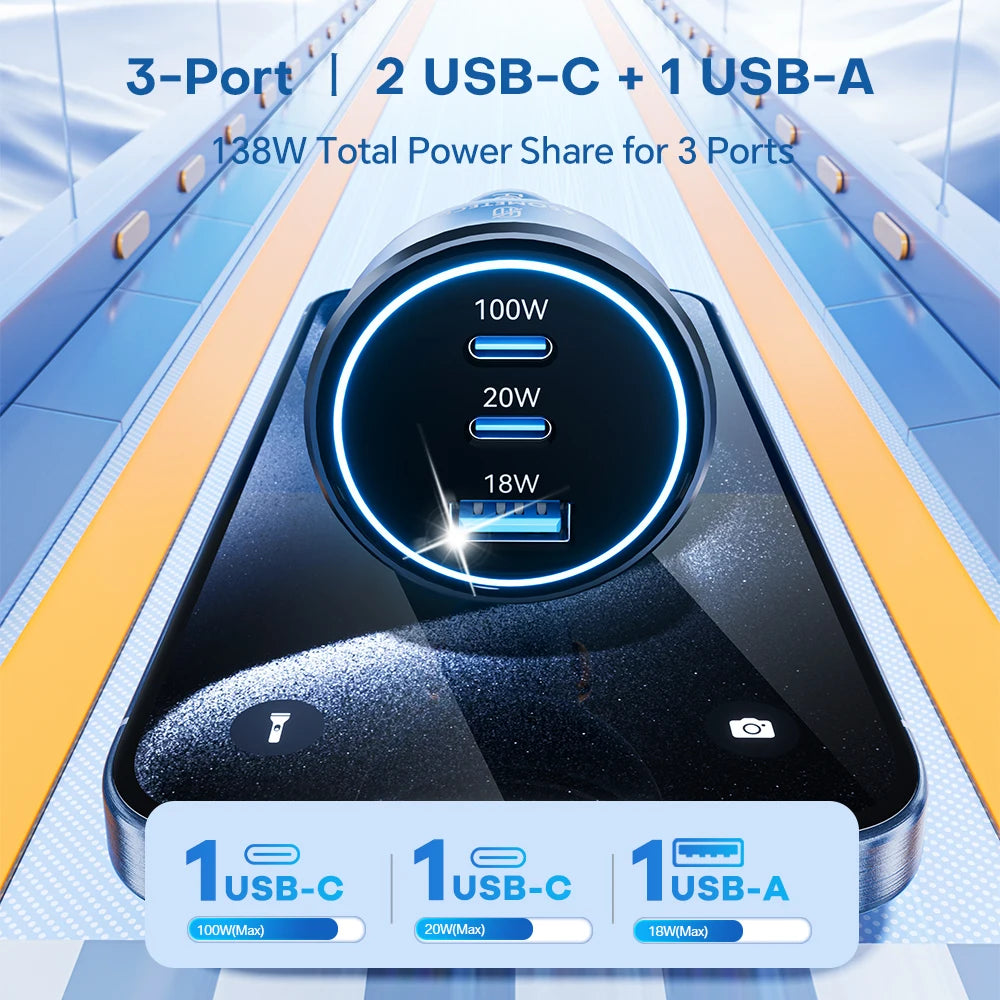 138W Car Charger USB Type C Dual Port USB Phone Fast Charger PD Fast Charging for IPhone 14 Samsung Xiaomi  IPad Laptops Tablets