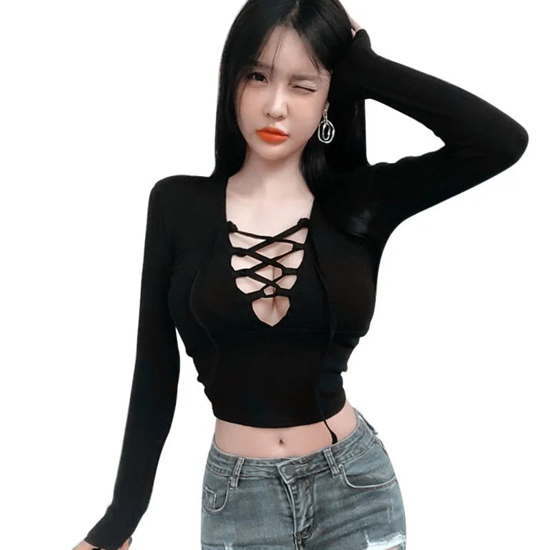 Women's T Shirt Hollow Exposure Navel Long-sleeved Short Crop Top Black