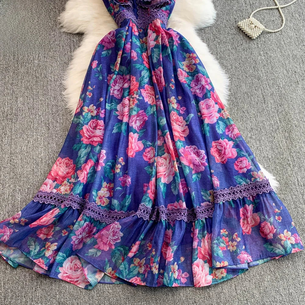 Ele Lace Splice Waist Cinching Long Dr Korean Sle Print Blouse Svel Midi Skirt High Waist A-Line Silhouette