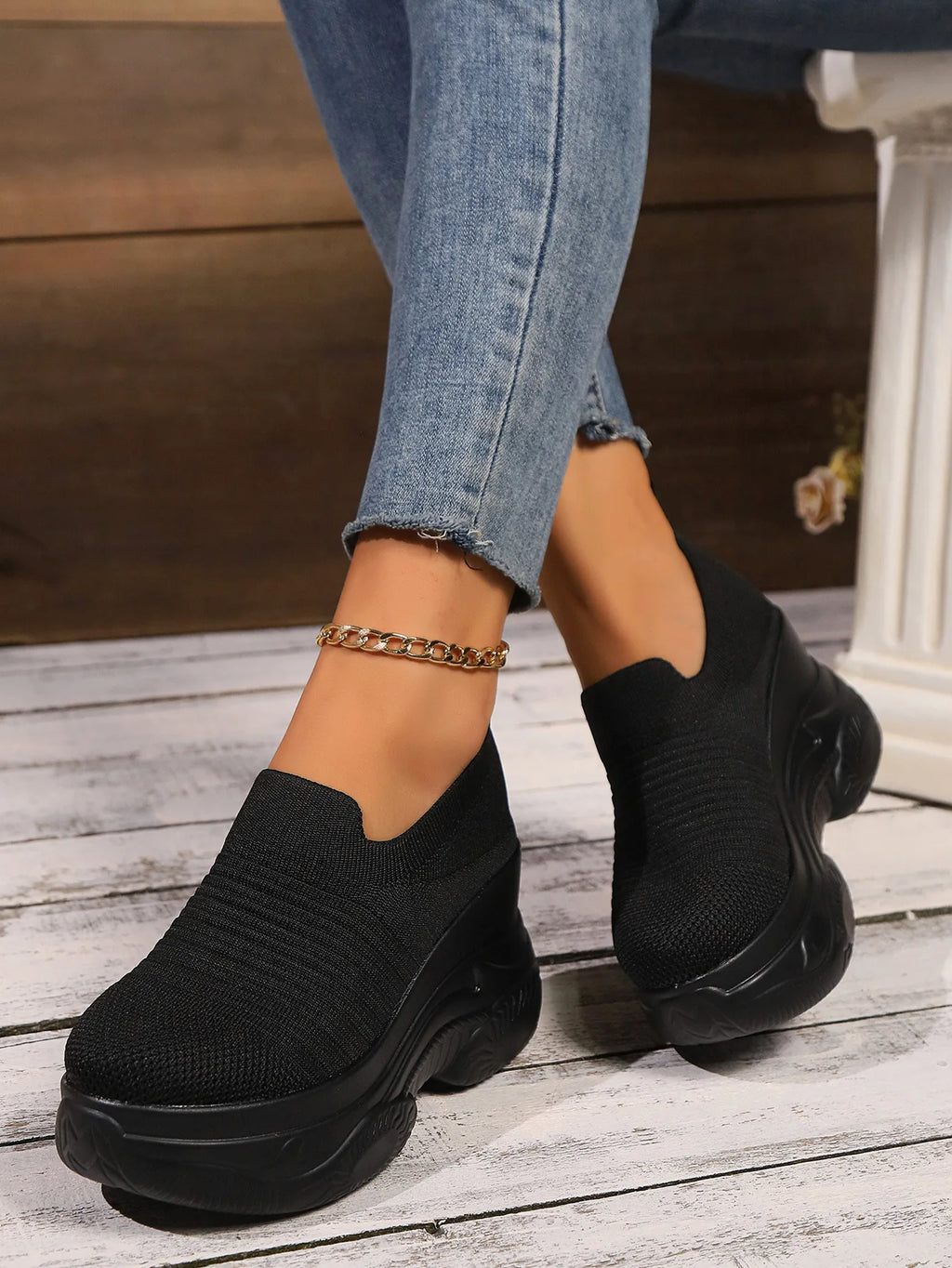 Heightening Thick Sole Fashionable Ladies Shoes 2025 Autumn New Black Mesh Breathable Casual Slip-on Women's Vulcanized Shoes