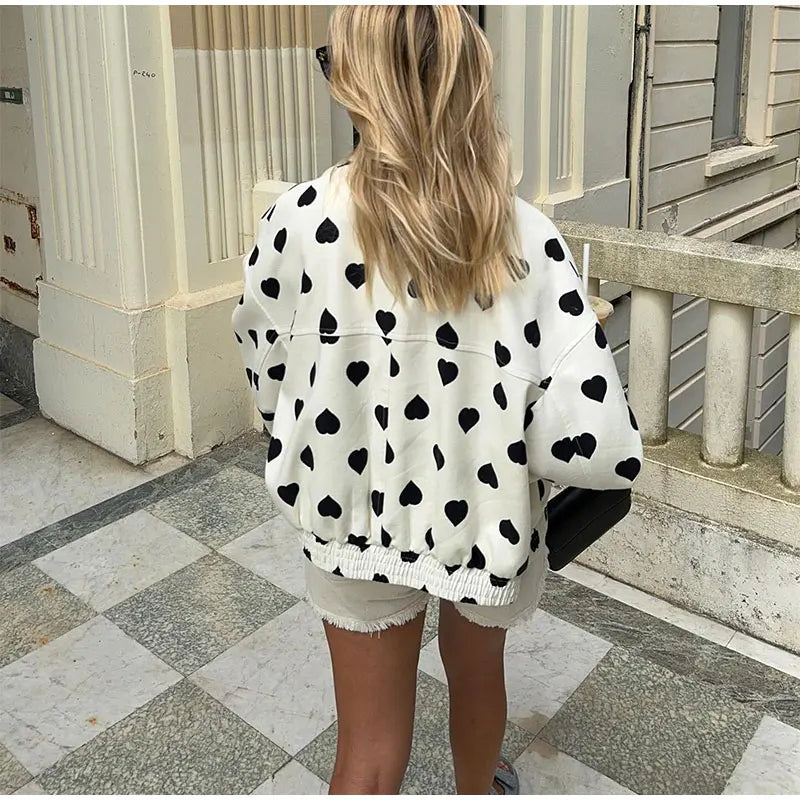 Autumn Female Commuting Streetwear Elegant Black Polka Hearts Bomber Jacket Women Fashion Long Sleeve Flips Pocket Zipper Coat