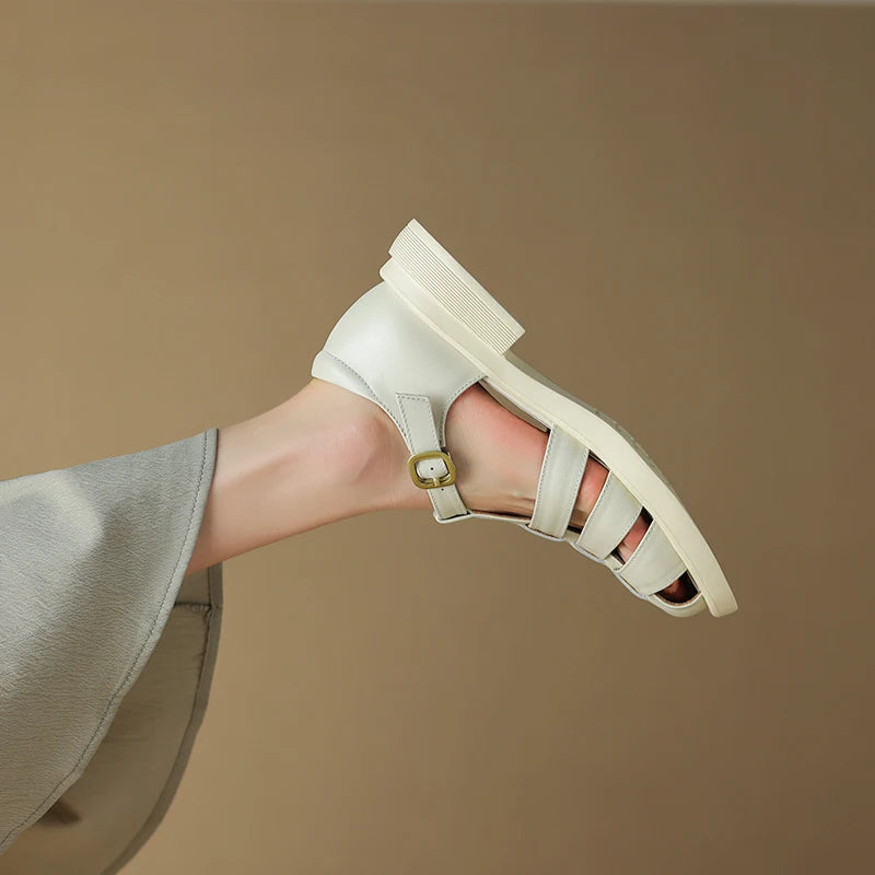 New Summer Sandals Genuine Leather Luxury Roman Sandals Casual Buckle Strap Summer Shoes GLADIATOR Thick Heel Women Shoes