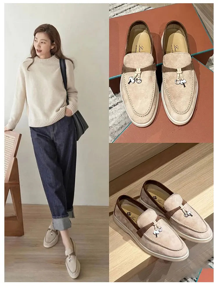 Summer Walk Genuine Leather Casual Slip-On Loers Women's Faion Single oes Comfortable round Toe Flat Heel All-Match Color