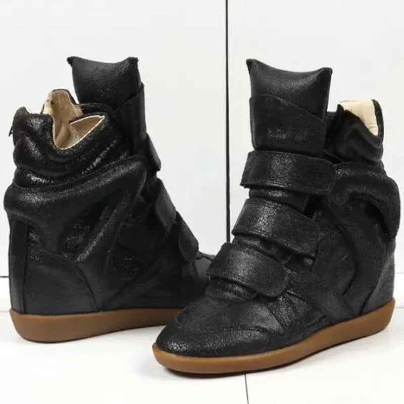 A Genuine Leather Casual Shoes Women's 2026 Summer Breathable Hollow Hidden Wedges Sneakers Hook Loop Trainers High Top