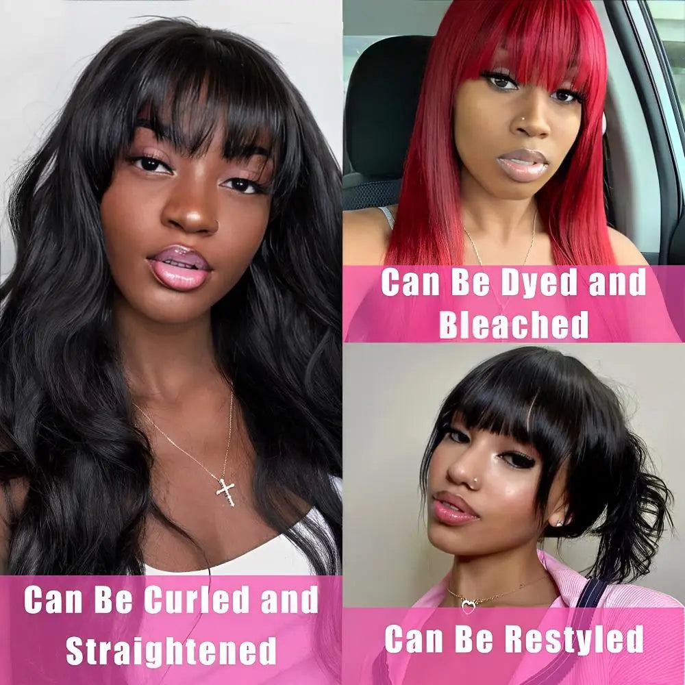 Body Wave Human Hair Wigs With Bangs Peruvian Cheap Glueless Wigs On Sale Clearance Full Machine Made Wig With Bangs For Woman