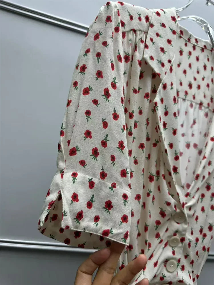 Women's Rose Printed Dress Prairie Chic Spring Summer Lady Short Sleeve Turn-Down Collar Waist Lace-Up Robe