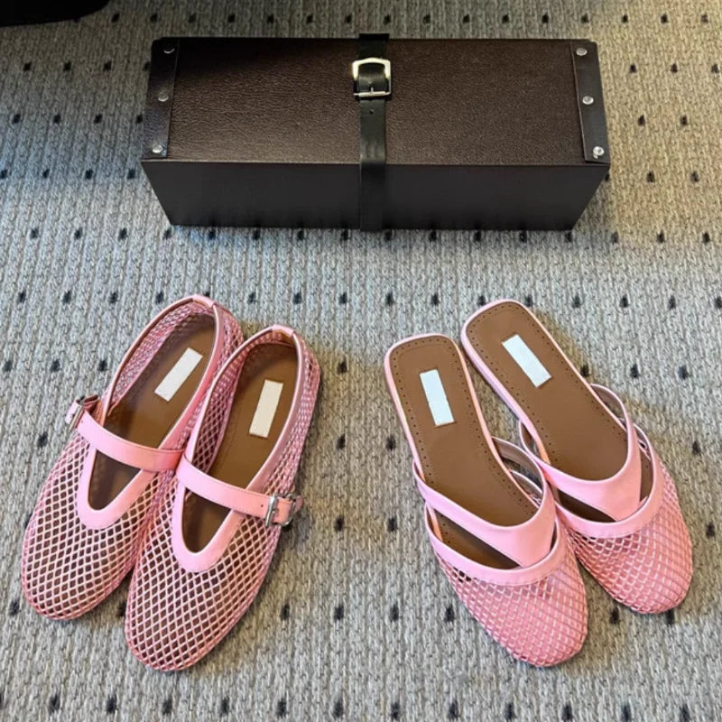 Mesh Buckle Ballet Shoes For Women, High Version 2025 Fairy Hollow Flat Bottom Pink Fishing Net, Mary Jane Single Shoe