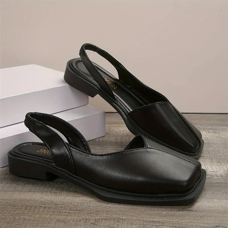 Leather Toe Cap Sandals for Women 2024 New Flat Bottomed Square Toe Single Shoes, Retro Exterior Wear, Anti Slip Beach Slippers