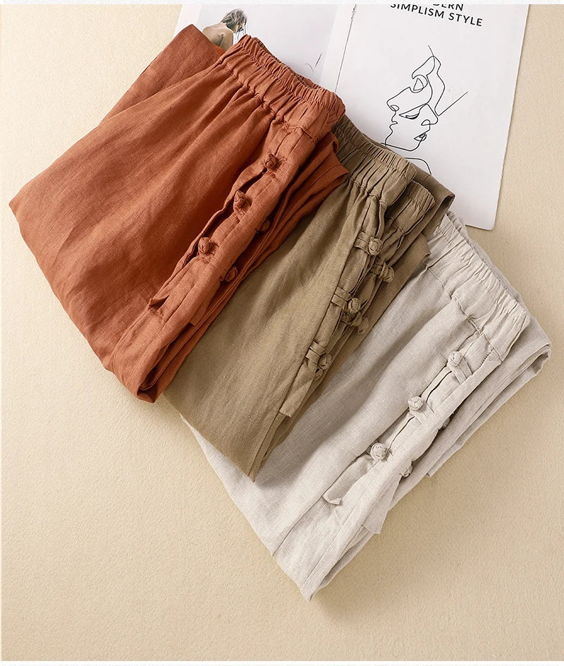 Japan Style Cotton Harem Pants Female Retro Buttons Casual Loose Ankle-Length Trousers for Women Pantalones Mujer