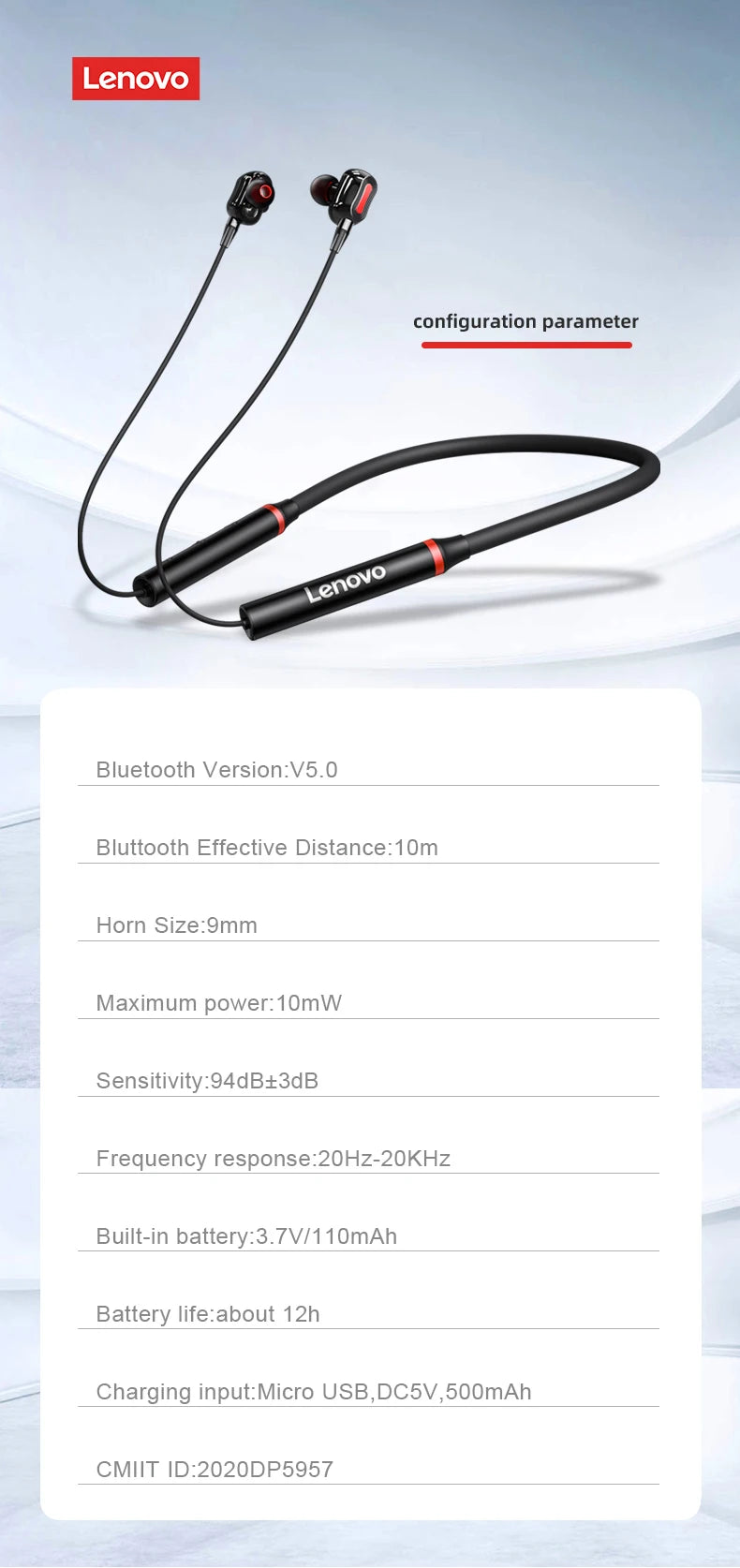 Lenovo Original HE05 Pro TWS Wireless Earphone Bluetooth 5.0 Waterproof Microphone Sports Noise Reduction Neckband Headphones