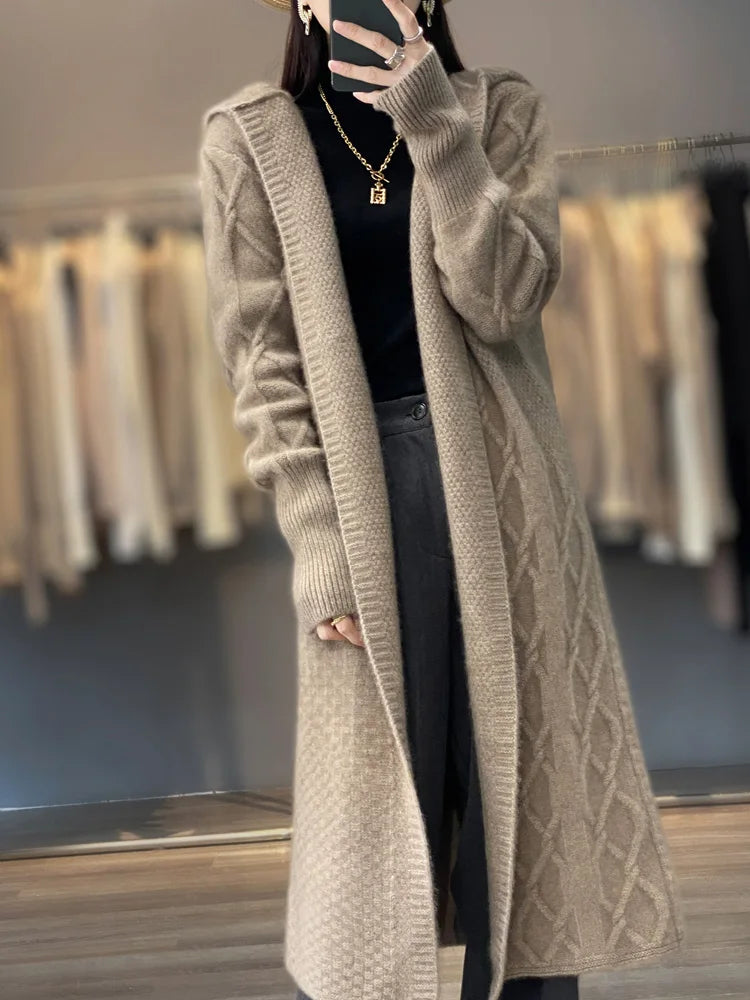 Autumn Winter 100% Merino Wool Women's Cardigan Long Sleeve Sweater Coat Loose Warm Cashmere Knitwear Fashion Female Long Coat