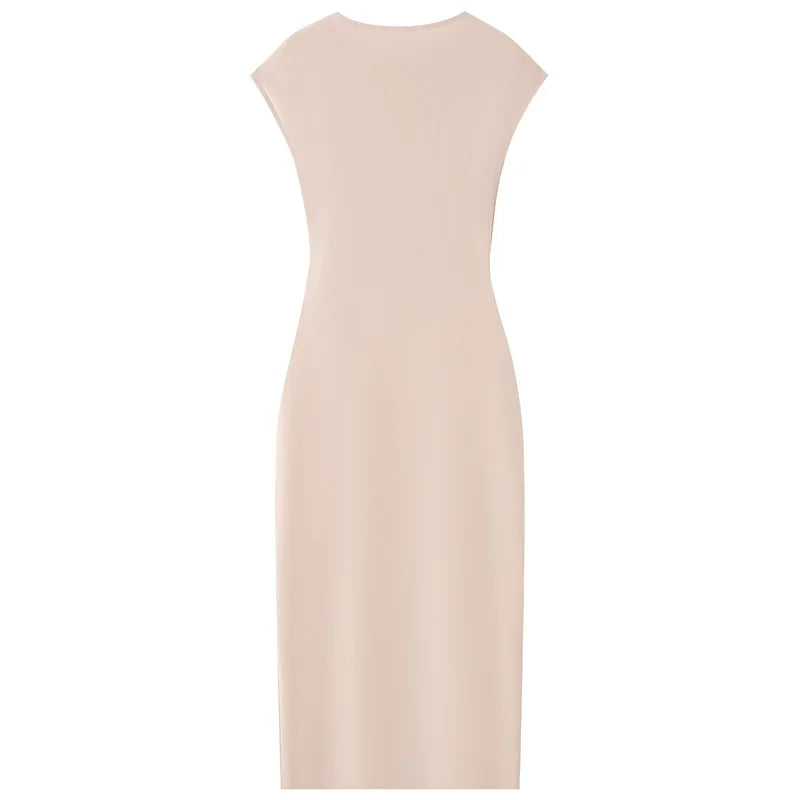 TRAF Women's Ruffled Khaki Dress Summer 2025 Woman Chic Evening Dress New In Dresses Midi Ruched O-Neck Sleeveless Long Vestidos