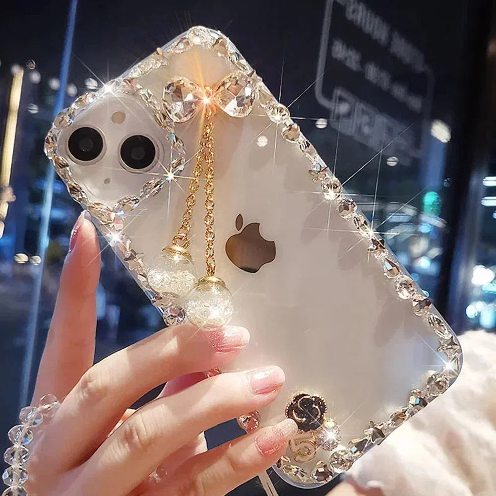 Transparent Case for iPhone16, 15, 14, 13, 12 17 Air Bowknot with Hand Chain, Camera Lens Frame, Glitter Diamond, Luxury