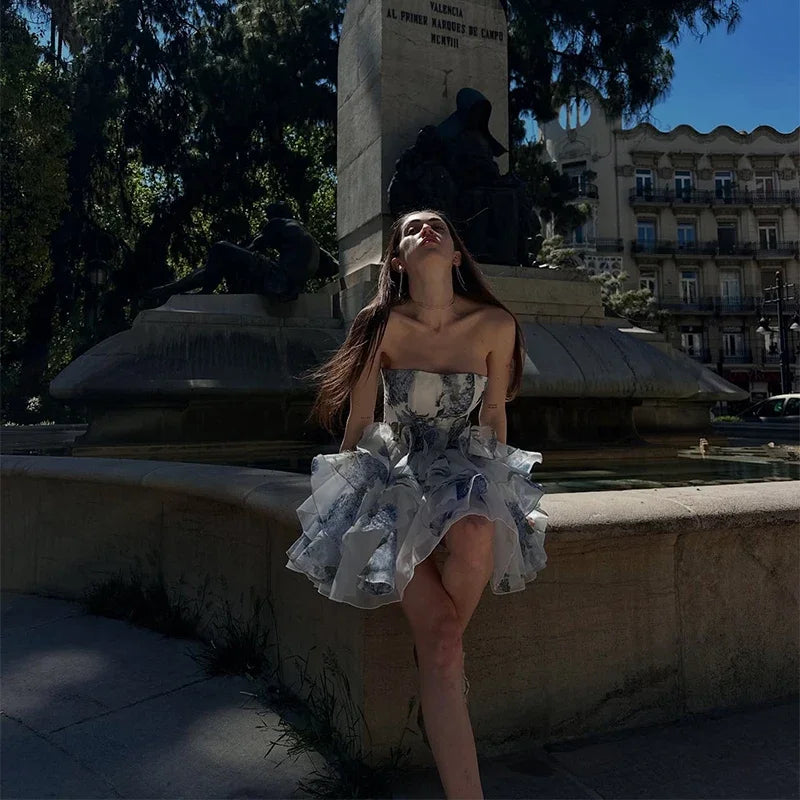 Chic Elegant Floral Printed Mini Dress Women Backless Sleeveless A Line Strapless Robes Pleated Hem Party Vestidos Lady Clorhing