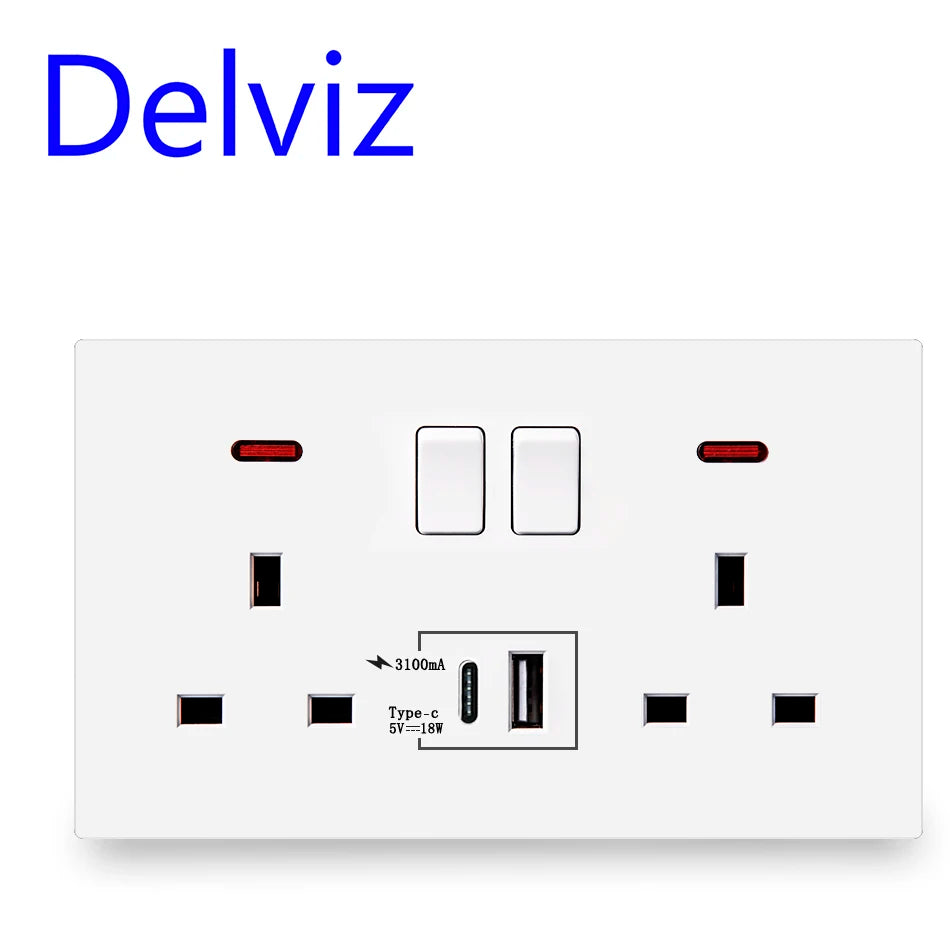 Delviz Wall Power USB Socket, 5V 2.1A Double USB Charger Port, LED Indicator, 146mm*86mm, UK Standard Switch control 13A Outlet