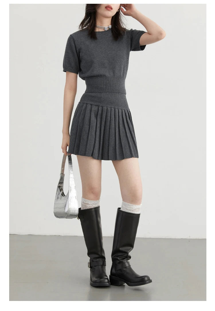 CHIC VEN Women Skirt Sets Solid Knitted Cardigan Short Sleeved Top Female Pleated Skirt Three Piece Optional Spring Autumn 2024