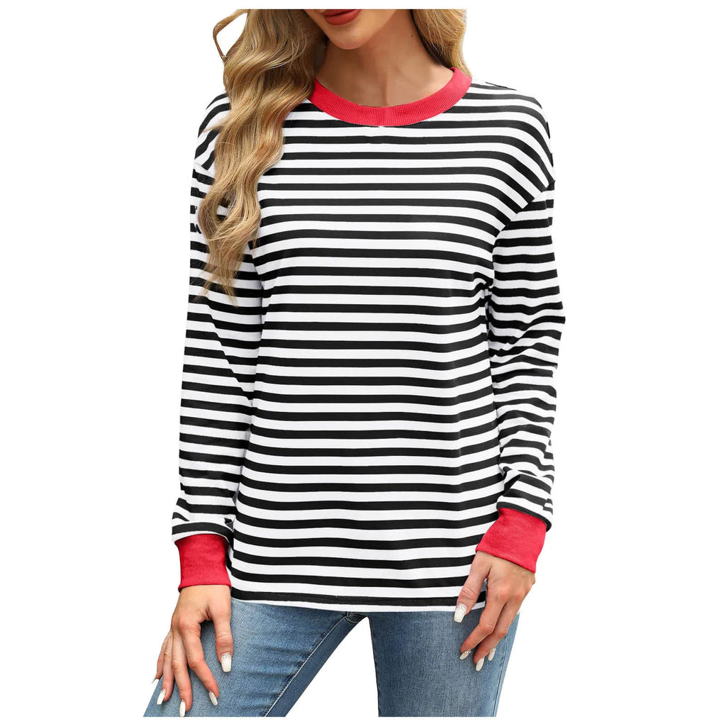 Women Casual Top Fashion Contrast Loose Round Neck Long Sleeve Stripe Printed Top Oversized Loose Pullover Autumn Clothes