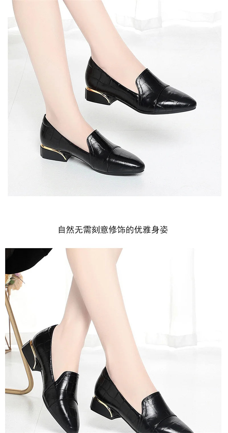 Mom Shoes Spring And Autumn Women's Leather Shoes Thick Heels Work Women's Shoes Comfortable Soft Sole Single Shoes Work Shoes