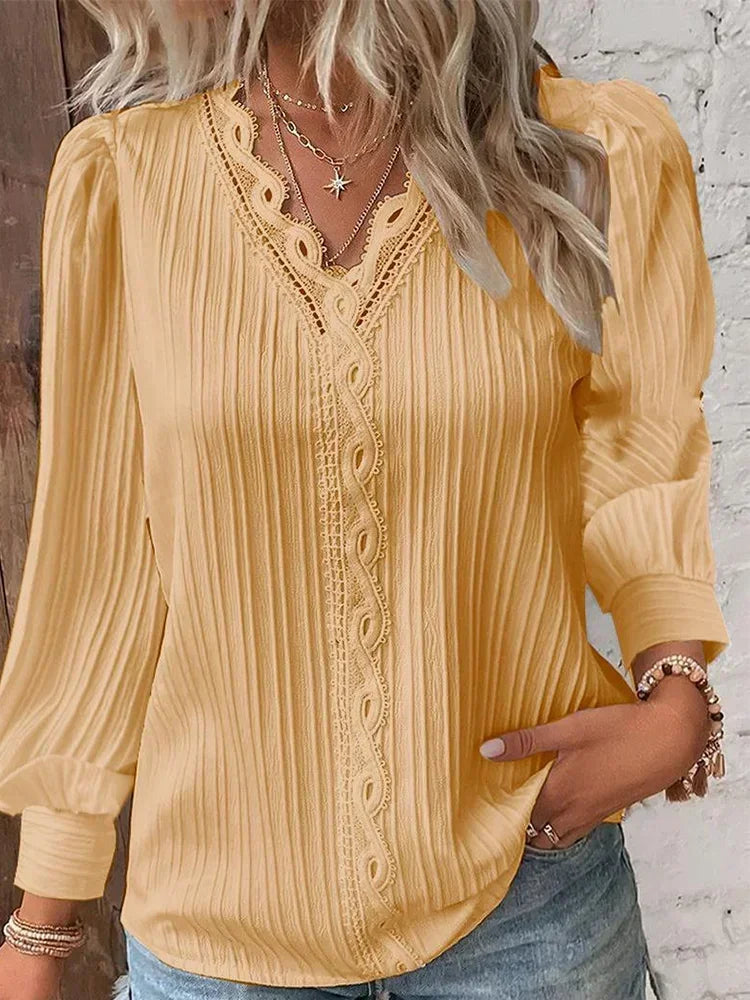 Stitching V-neck Long Sleeve Women's Pullover Chiffon Shirt Lace Stitching Shirt Loose Fall Top Simple Elegant Street Blouse