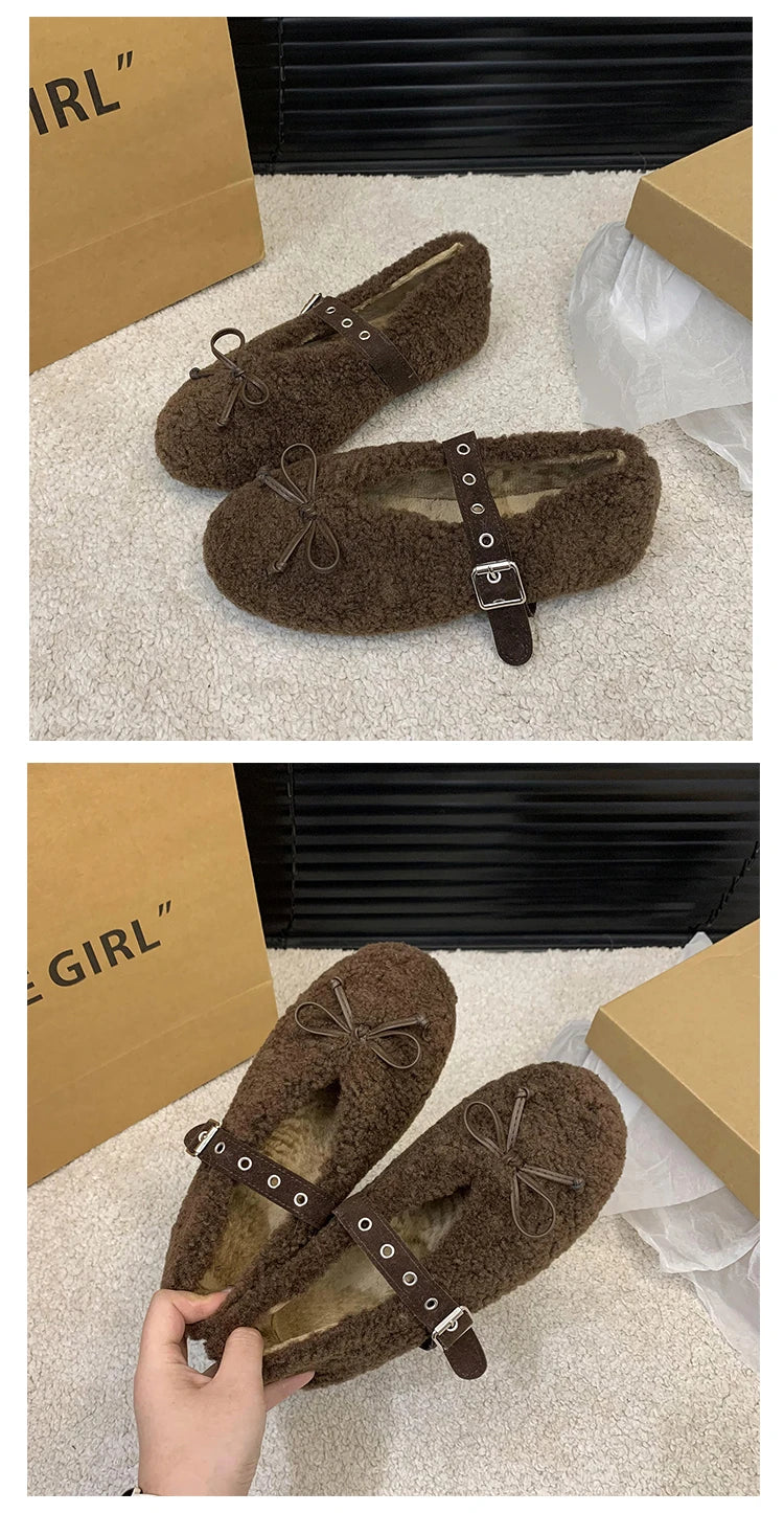 New Women's Shoes Woman Flats Low Heels Casual Female Sneakers Slip-on Loafers Fur Round Toe Shallow Mouth Boat Slip on Winter