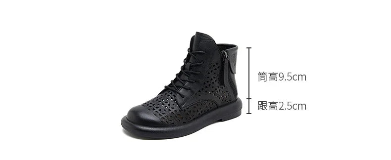 Leather Boots Woman 2025 Retro Leather Hollow Boots for Women Platform-soled Double-side Zipper Casual Short Boots Women's Shoes