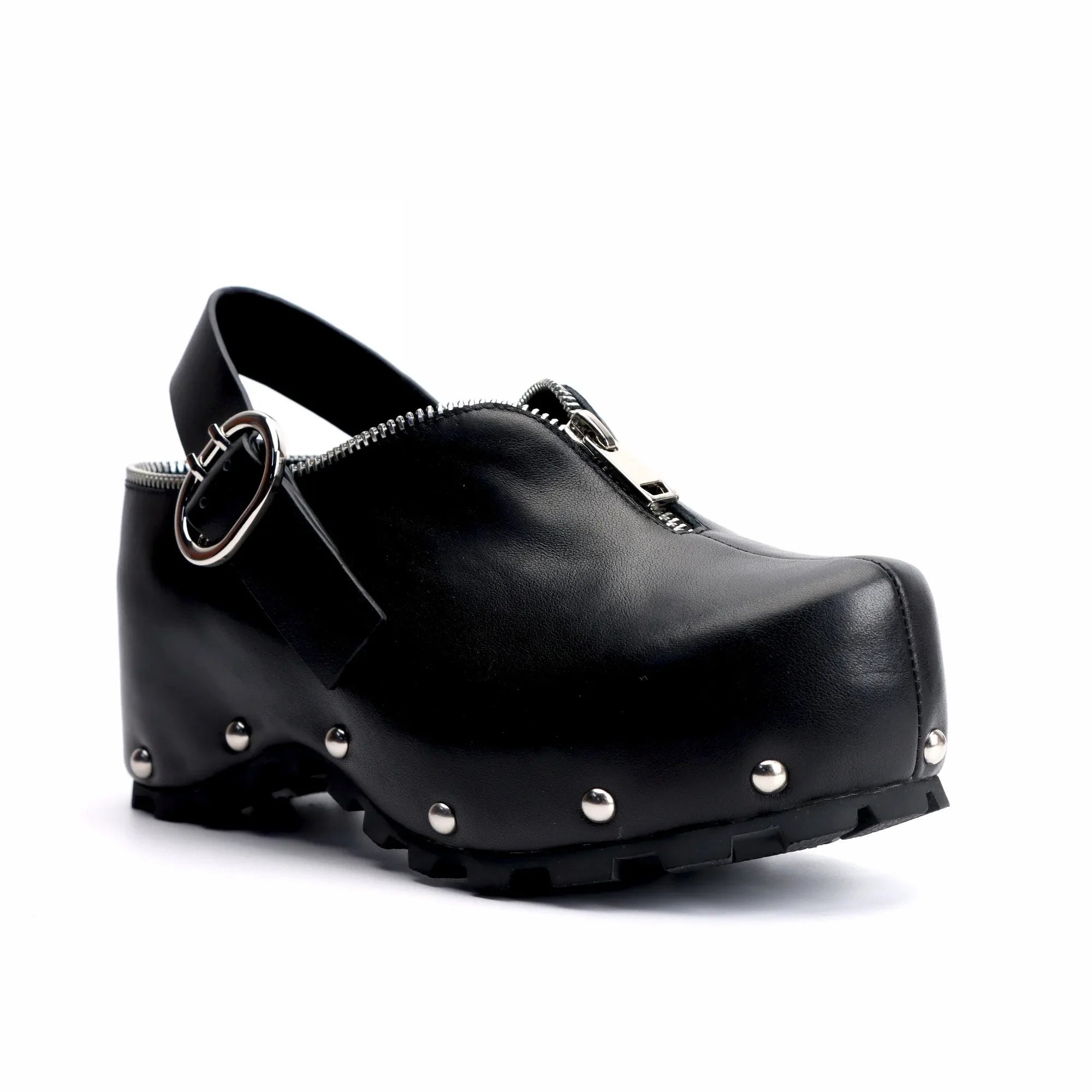 Black Leather Slip-On Vintage Shoes Handmade Women's Leather Platform Clogs with Arch Support, Zipper Detail, Studded Mules